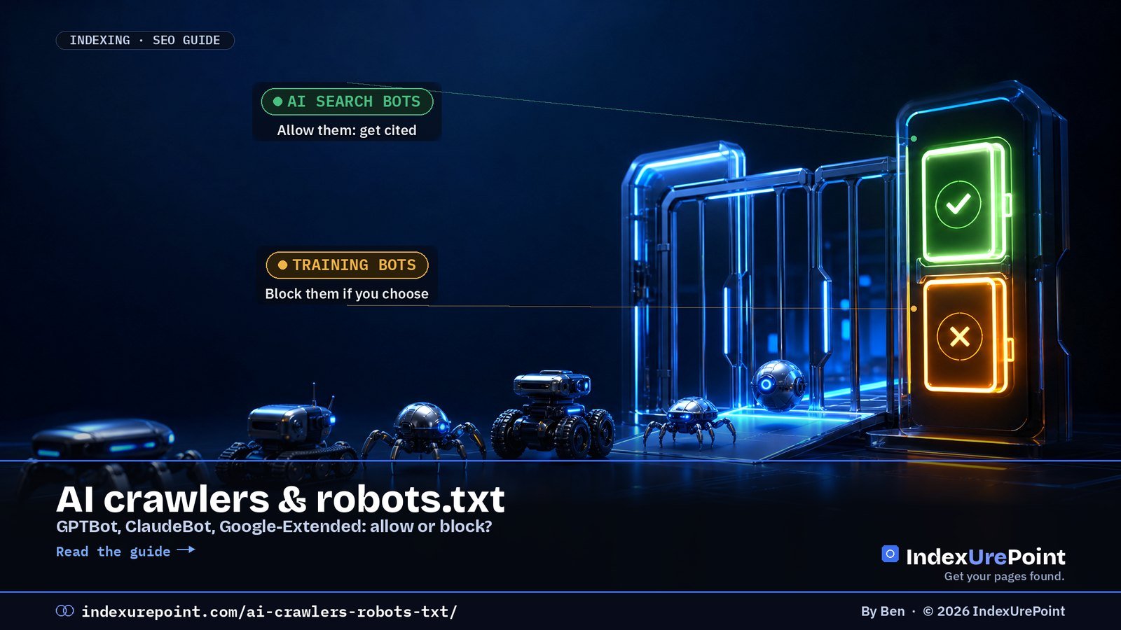 AI crawlers and robots.txt — robots at a gate with allow and block lights. IndexUrePoint.