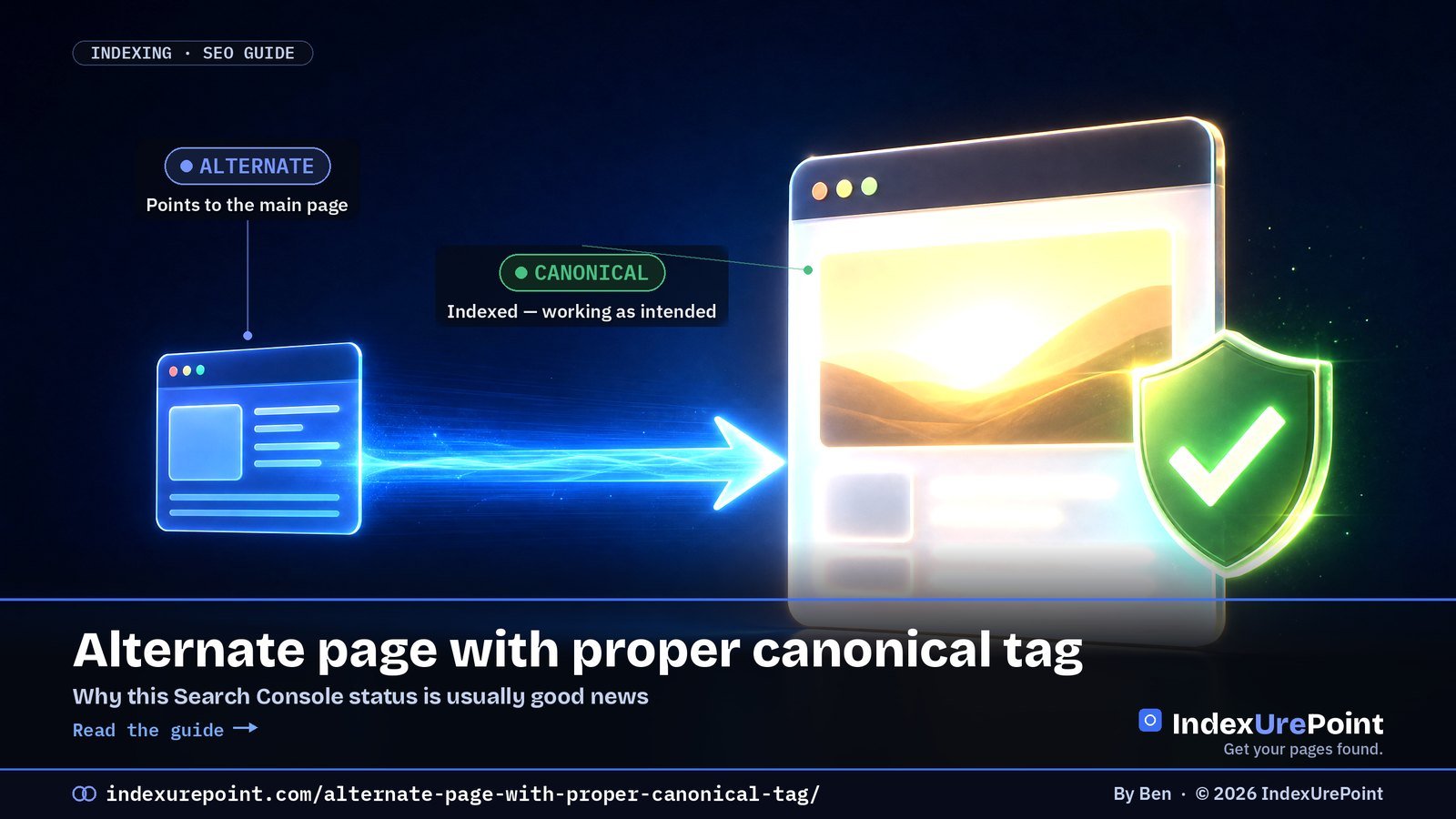 Alternate page with proper canonical tag — an alternate page pointing to the indexed canonical page with a green check. IndexUrePoint.