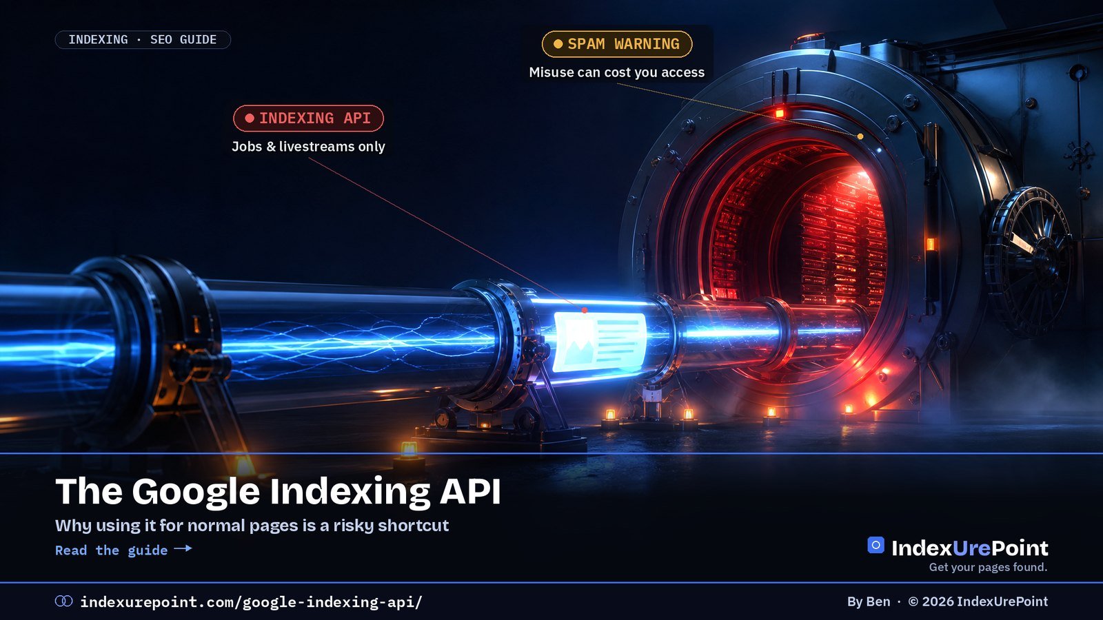 Google Indexing API — a web page pushed through a risky express tube toward the index. IndexUrePoint.