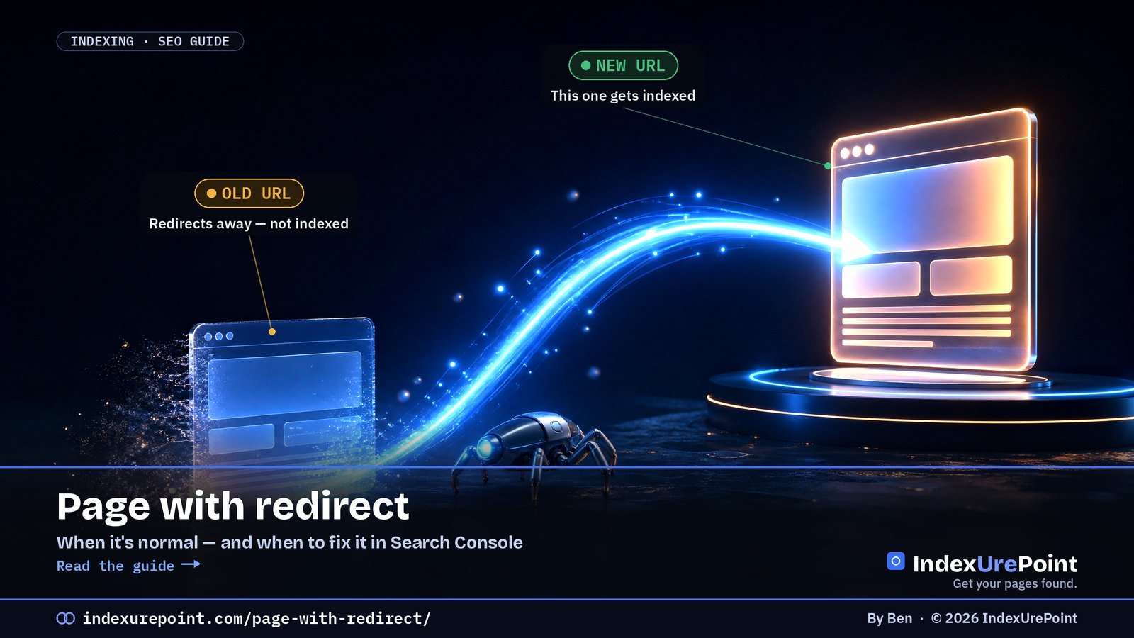Page with redirect — an old URL redirecting along a light path to the new indexed page. IndexUrePoint.
