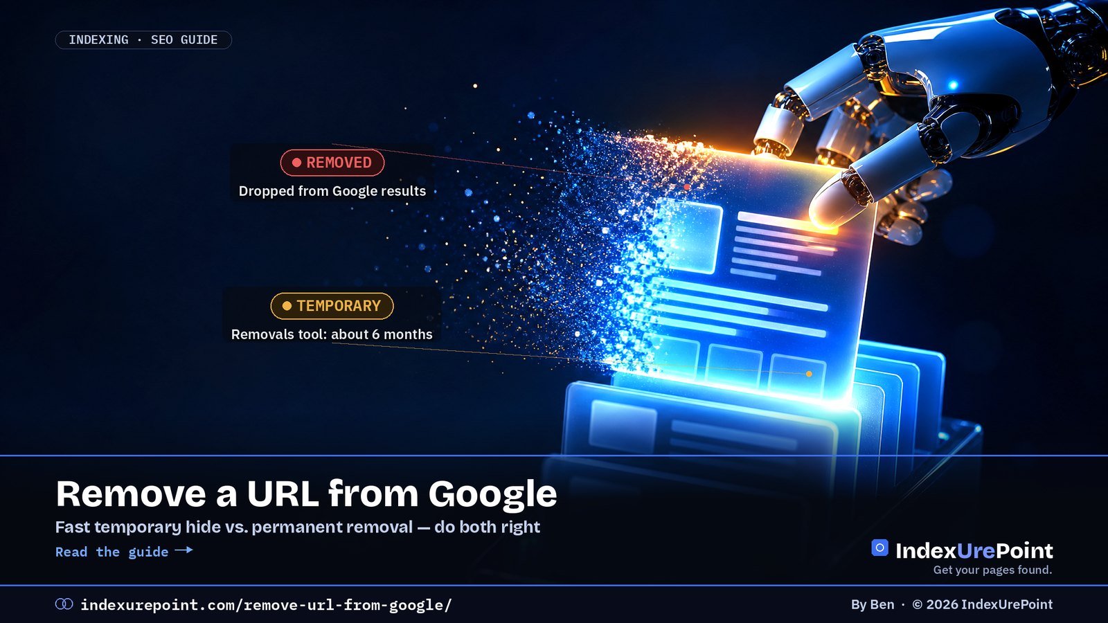 Remove a URL from Google — a page dissolving as it is pulled from search results. IndexUrePoint.
