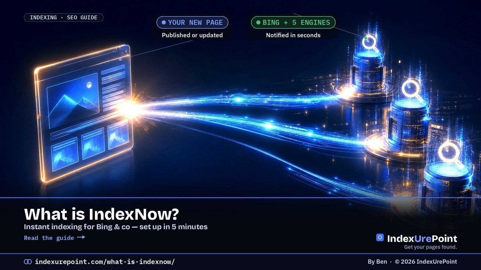 What is IndexNow — a web page instantly notifying Bing and other search engines via light beams. IndexUrePoint guide.
