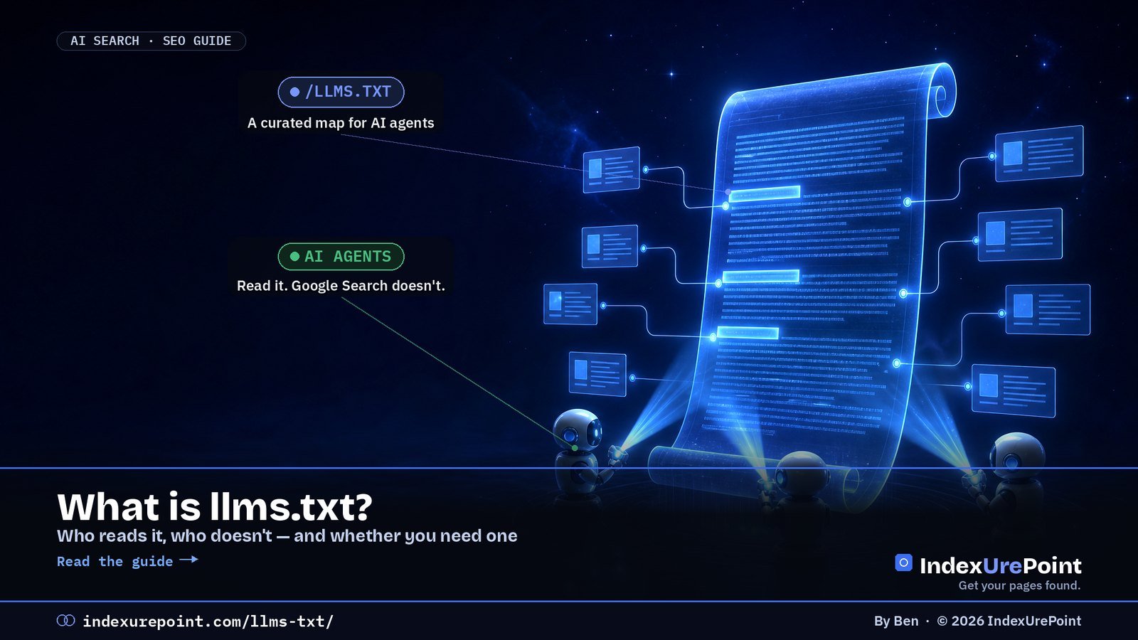 What is llms.txt: a glowing Markdown file mapping key pages, read by small AI agent robots