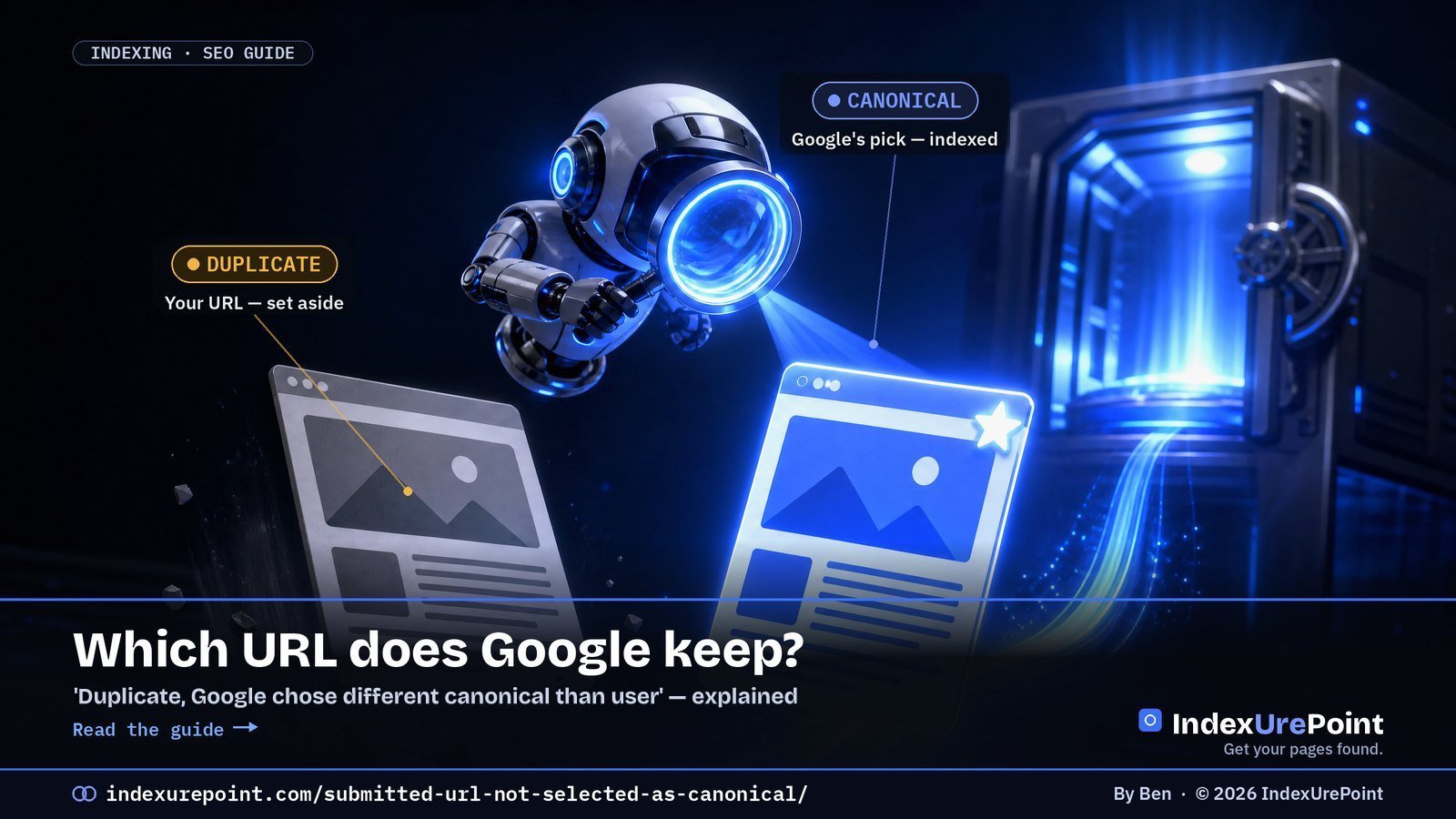Which URL does Google keep — a crawler robot chooses a canonical: a grey duplicate page set aside and a blue starred page (the canonical) entering the index vault. IndexUrePoint SEO guide.